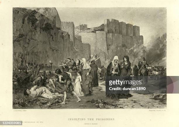 albigensian (cathar) crusade, insulting the prisoners by albert maignan - the crusades stock illustrations