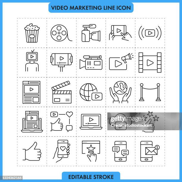 ilustrações, clipart, desenhos animados e ícones de conjunto de ícones da linha de marketing de vídeo. traçado editável - video editing