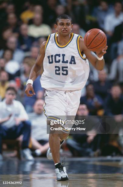 Earl Watson, Guard for the University of California, Los Angeles UCLA Bruins runs the ball during the NCAA Pac-10 Conference college basketball game...