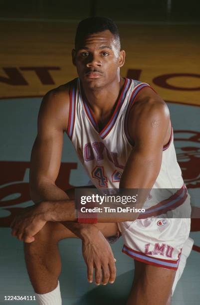 Portrait of Hank Gathers , Forward for the Loyola Marymount University Lions men's basketball team during the 1989 NCAA West Coast Conference college...