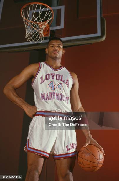 Portrait of Hank Gathers , Forward for the Loyola Marymount University Lions men's basketball team during the 1989 NCAA West Coast Conference college...