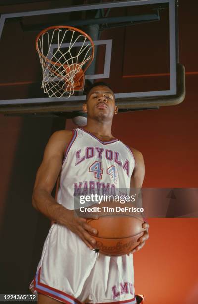 Portrait of Hank Gathers , Forward for the Loyola Marymount University Lions men's basketball team during the 1989 NCAA West Coast Conference college...