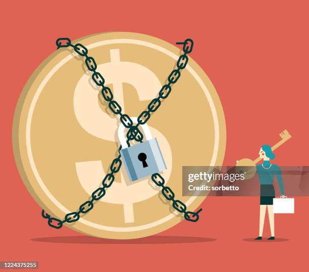 geld ist lock - geschäftsfrau - schloss-abschließen stock-grafiken, -clipart, -cartoons und -symbole