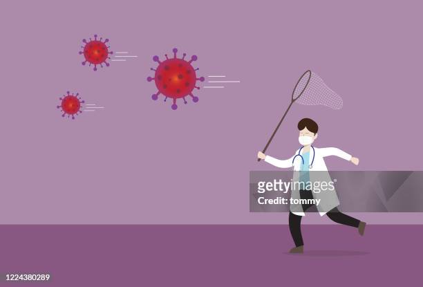 doctor uses a butterfly net to catch a virus - butterfly net stock illustrations