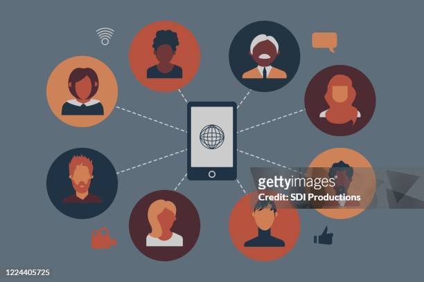 illustration of businesspeople participating in conference call - flatten the curve icon stock illustrations