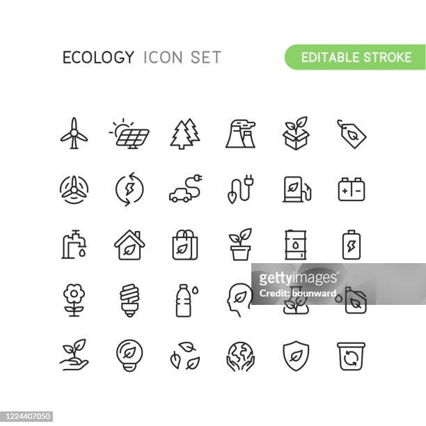 outline nature ecology icons editable stroke - windkraftanlage stock-grafiken, -clipart, -cartoons und -symbole
