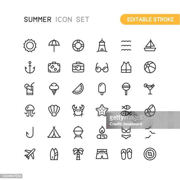 illustrazioni stock, clip art, cartoni animati e icone di tendenza di summer & travel outline icons tratto modificabile - estate