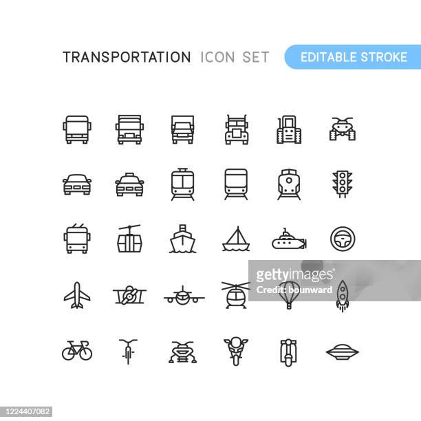 illustrazioni stock, clip art, cartoni animati e icone di tendenza di icone del contorno del trasporto stoke modificabile - autobus