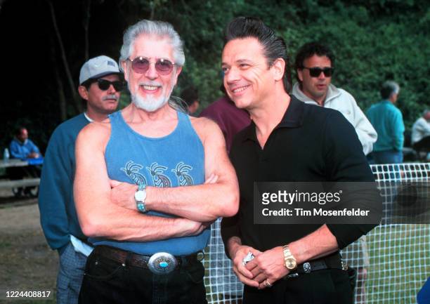 John Mayall and Jimmy Vaughan pose during the Santa Cruz Blues Festival at Aptos Village Park on May 29, 1999 in Aptos, California.