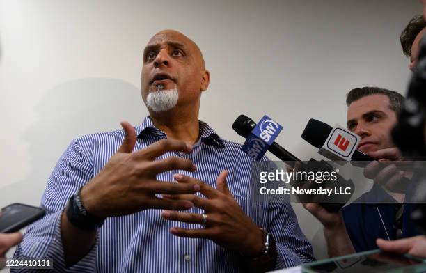 Port St. Lucie, Florida: Executive Director of the Major League Baseball Players Association Tony Clark answering questions about the sign stealing...