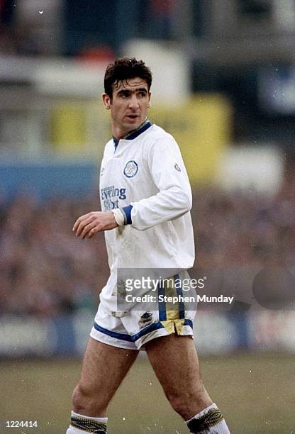 Eric Cantona of Leeds United keeps his eye on the ball during a match at Elland Road in Leeds, England. \ Mandatory Credit: Stephen Munday/Allsport