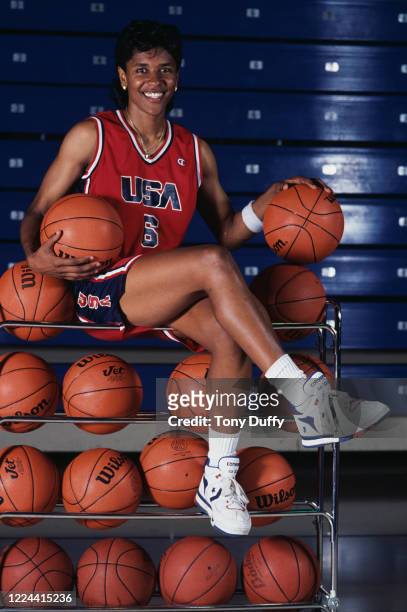 Lynette Woodard, Point Guard for the United States women's basketball team during a portrait photo session circa 1990 at the Allen Fieldhouse indoor...
