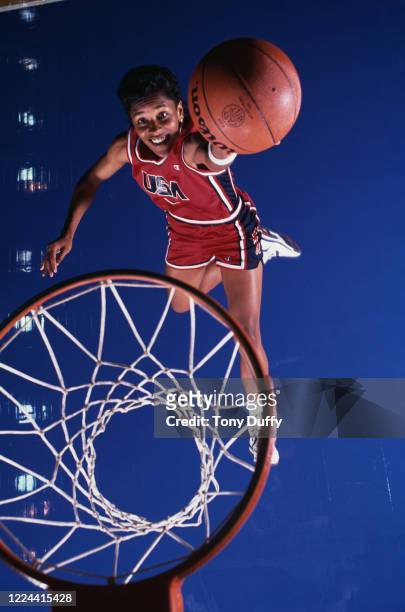 Lynette Woodard, Point Guard for the United States women's basketball team during a portrait photo session circa 1990 at the Allen Fieldhouse indoor...