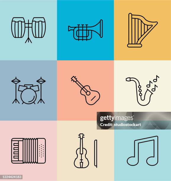 musical instruments line icon set. editable stroke - violin stock illustrations