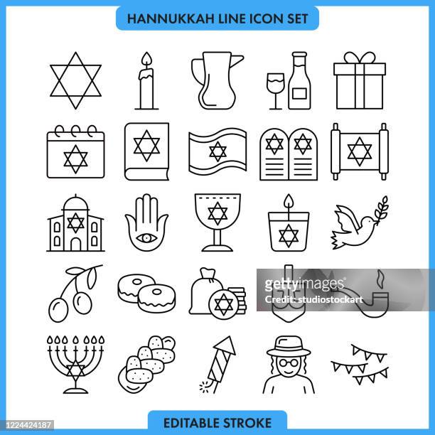 ilustraciones, imágenes clip art, dibujos animados e iconos de stock de conjunto de iconos de la línea hanukah. trazo editable - canturrear
