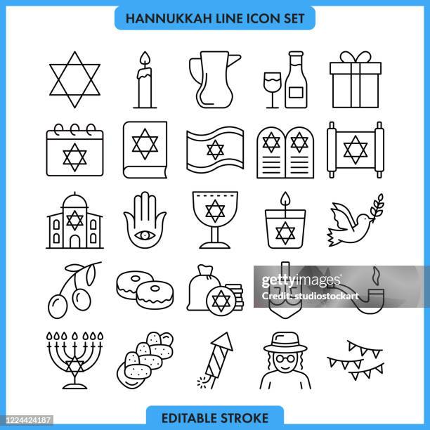 ilustrações, clipart, desenhos animados e ícones de conjunto de ícones da linha hanukah. traçado editável - torah