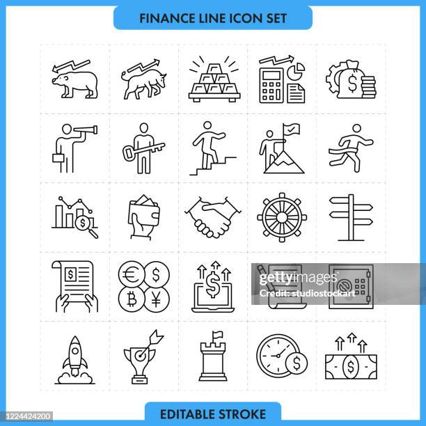 ilustraciones, imágenes clip art, dibujos animados e iconos de stock de conjunto de iconos de línea de éxito y finanzas. trazo editable - mountain peak