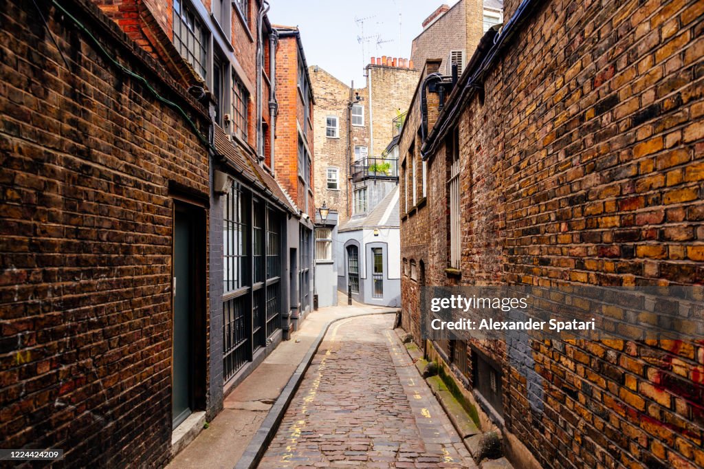 Narrow alley in Fitzrovia, London, UK