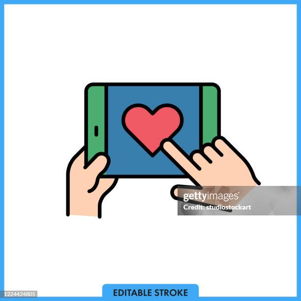 hand holding mobile phone with touch screen - couple travel tablet stock illustrations