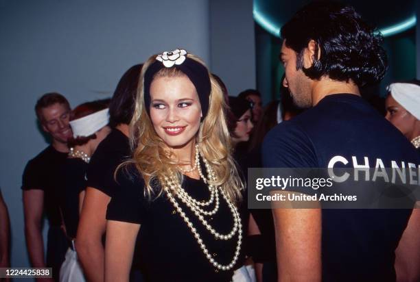 German model Claudia Schiffer at a fashion show of Chanel, Germany, 1991.