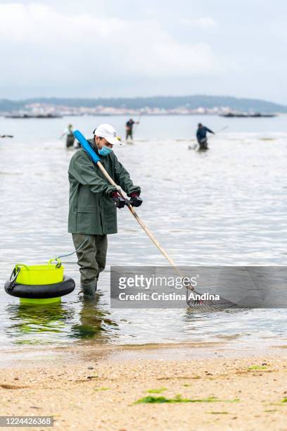 Shellfisherman Adrián González, wearing a surgical mask, shows the photographer how to collect the clam on May 12, 2020 in A Pobra do Caramiñal,...