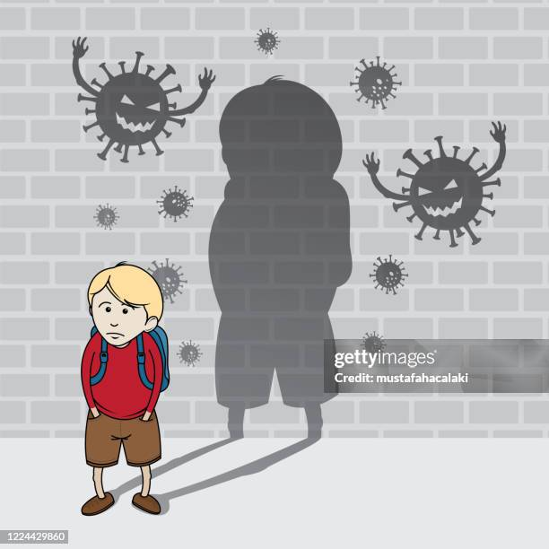 schoolboy with virus shadows - back to school covid stock illustrations