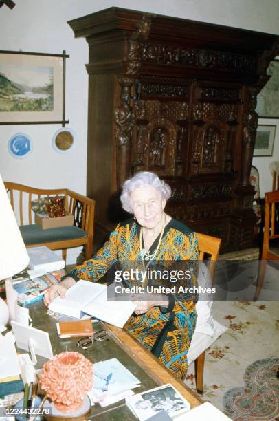 Princess Victoria Louise of Prussia, Duchess of Brunswick Lueneburg, at herdesk in her house in Brunswick, Germany, 1974.