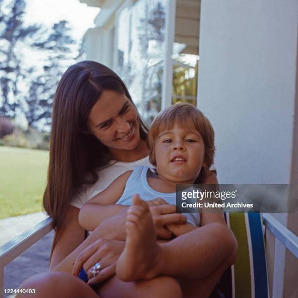 Barbara Barnard, nee Zoellner, with son Frederick at the terrace of villa "Waiohai" in Cape Town, South Africa 1974.