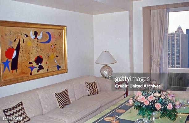 Painting by Joan Miro at the small white chamber of Adnan Khashoggi at the Olympic Tower in New York, USA 1986.