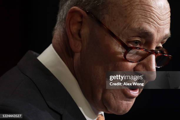 Senate Minority Leader Sen. Chuck Schumer speaks to members of the press during a news briefing at the U.S. Capitol May 12, 2020 in Washington, DC....