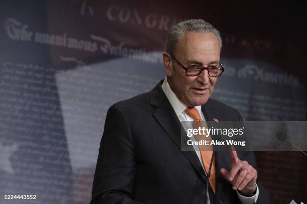 Senate Minority Leader Sen. Chuck Schumer speaks to members of the press during a news briefing at the U.S. Capitol May 12, 2020 in Washington, DC....