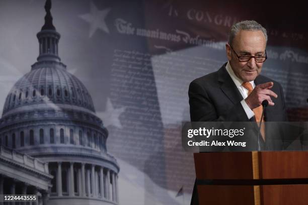 Senate Minority Leader Sen. Chuck Schumer speaks to members of the press during a news briefing at the U.S. Capitol May 12, 2020 in Washington, DC....