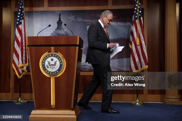 Senate Minority Leader Sen. Chuck Schumer leaves after a news briefing at the U.S. Capitol May 12, 2020 in Washington, DC. Schumer spoke to the press...