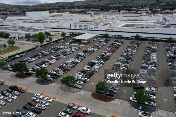An aerial view of the Tesla Fremont Factory on May 12, 2020 in Fremont, California. Alameda County has ordered Tesla's CEO Elon Musk to halt...
