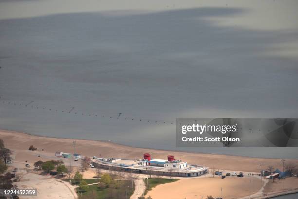 View from the 360 Chicago observation deck shows a deserted North Avenue Beach on May 12, 2020 in Chicago, Illinois. The Chicago lakefront was...