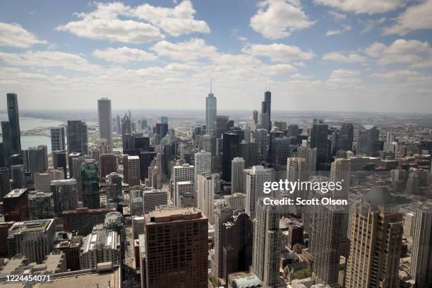 View from the 360 Chicago observation deck shows the city skyline, where most of the offices remain empty as work-from-home has become the new normal...