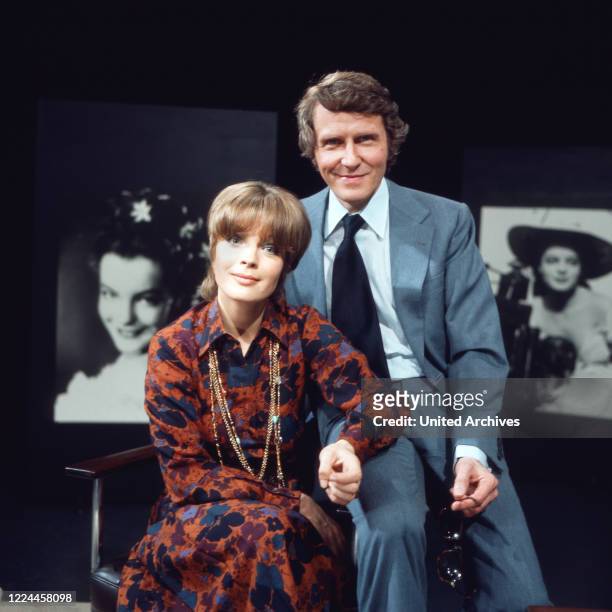 Actress Romy Schneider with husband Harry Meyen in a TV talkshow at Berlin, Germany, 1972.