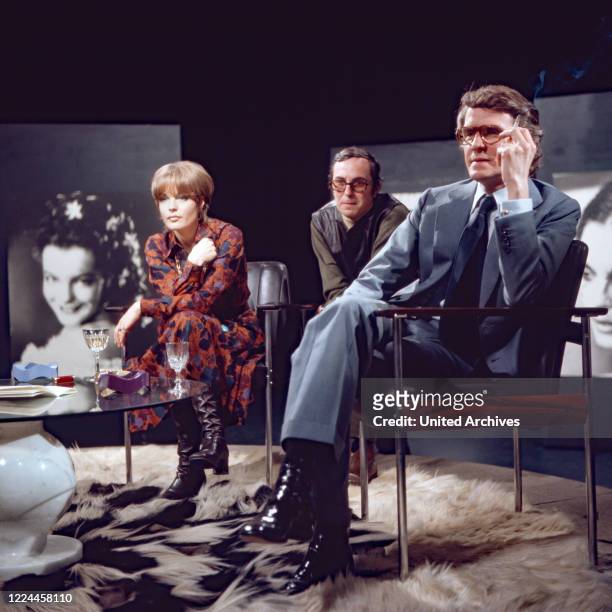 Actress Romy Schneider with husband Harry Meyen in a TV talkshow at Berlin, Germany, 1972.
