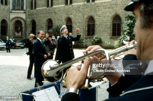 Marching band at the wedding of heir to the throne Ernst August von Hanover with Chantal Hochuli at Marienburg castle near Hanover, Germany, 1981.