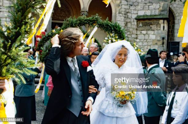 Heir to the throne Ernst August von Hanover at the wedding with Chantal Hochuli at Marienburg castle near Hanover, Germany, 1981.