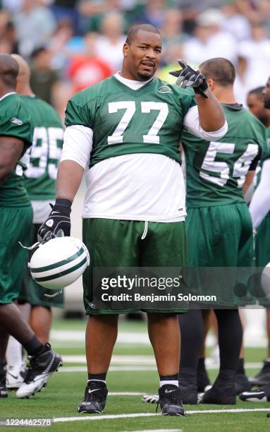 Kris Jenkins of the New York Jets during the first practice in Metlife Stadium on June 16, 2010 at Metlife Stadium in East Rutherford, New Jersey.