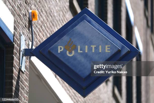 Signage reading Police is pictured outside a police station on May 9, 2020 in Amsterdam, Netherlands.