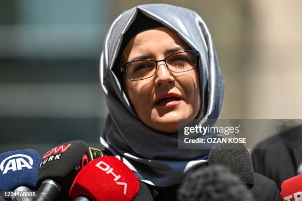 Hatice Cengiz, journalist Jamal Khashoggi's fiancee, speaks to the press as she leaves the Istanbul courthouse on July 3, 2020 after attending the...