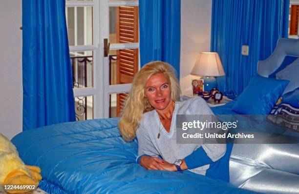 Gunilla Countess von Bismarck at her bedroom of her villa Casa Ann Mari at Marbella, Spain, 1999.