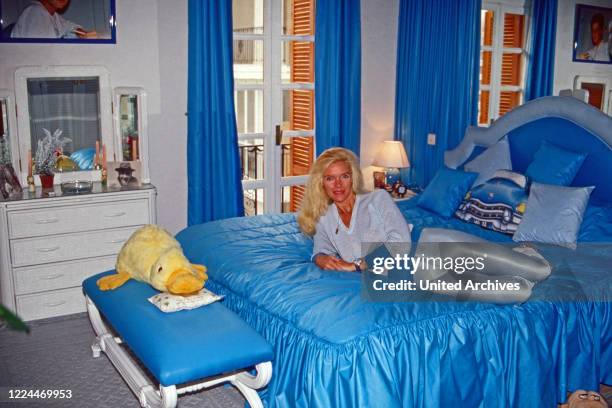 Gunilla Countess von Bismarck at her bedroom of her villa Casa Ann Mari at Marbella, Spain, 1999.