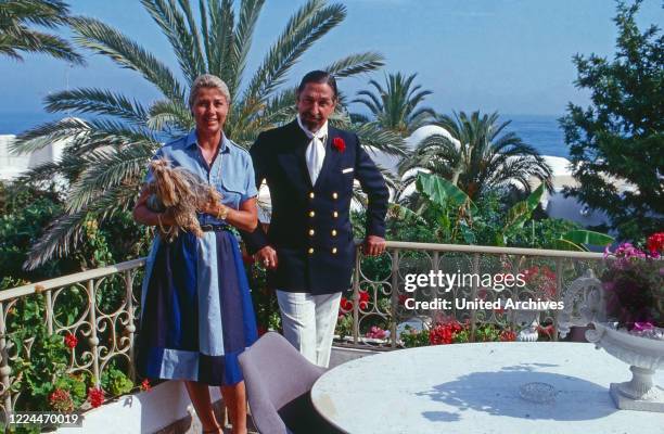 Duchess Magrit de Mora y Aragon with her husband Don Jaime at Marbella, Spain, 1991.