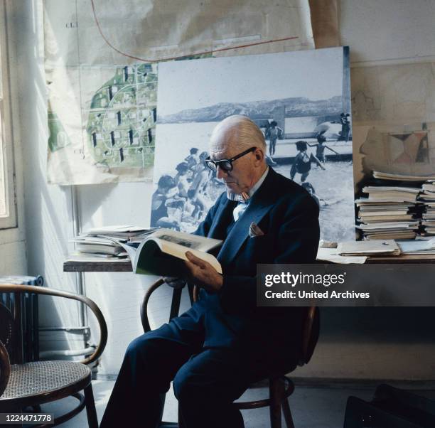 French architect and painter Le Corbusier at his studio, France 1960s.