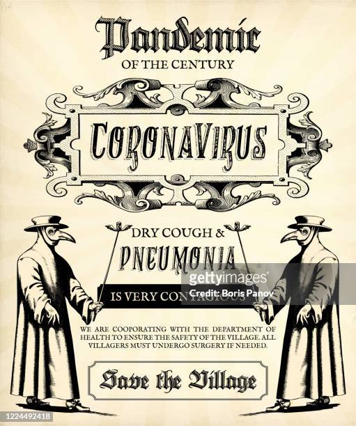 covid-19 vintage retro pest ankündigung flyer oder poster vorlage für coronavirus - plague stock-grafiken, -clipart, -cartoons und -symbole