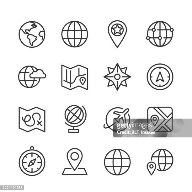 karte & globe icons — monoline serie - globus stock-grafiken, -clipart, -cartoons und -symbole