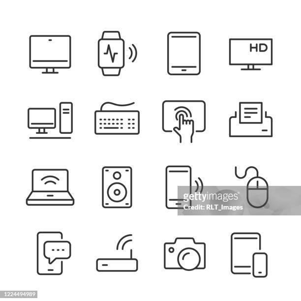 ilustraciones, imágenes clip art, dibujos animados e iconos de stock de iconos de dispositivos modernos — serie monolínea - computer